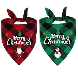 Red and green plaid Christmas pet bandanas with Santa and Snowman prints for dogs