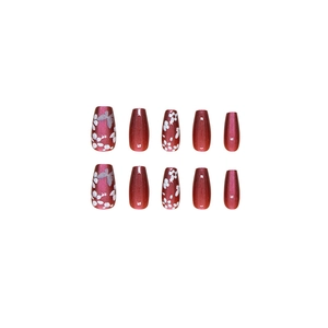 Deep red glitter ballerina press-on nails with white butterfly and flower designs
