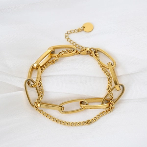 Double-layered 18K gold plated stainless steel chunky chain bracelet with a round tag