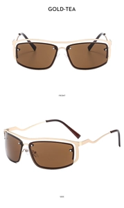 Close-up of Y2K style gold metal sunglasses with tea lenses from front and side views