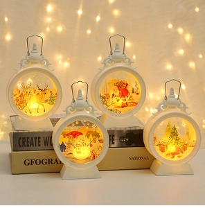 Detailed close-up of Christmas LED lanterns with festive elk and snowman patterns