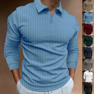 Men Long Sleeve Polo Shirt Ribbed Knit Vertical Stripe Lapel V Neck Slim Fit Casual Sports Polyester Spandex Blend