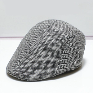 Men's herringbone pattern flat cap in grey tweed for casual autumn and winter wear