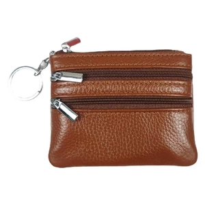 Brown genuine leather coin purse with litchi texture and three zipper pockets and keyring
