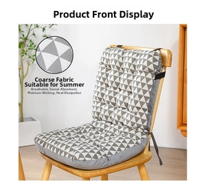Detail of grey geometric chair cushion with breathable fabric and secure ties