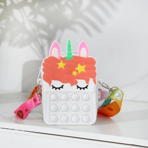 Detail of unicorn silicone pop it bag with colorful strap and sensory fidget bubbles