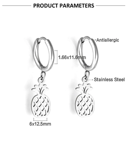 Detail view of pineapple pendant earrings with specific size measurements and steel material