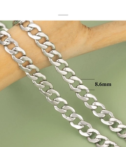 Detail view of 8.6mm wide silver plated flattened O-link chain on wooden stand