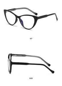 Detailed views of black cat-eye optical frames showing 45-degree angle and side profile
