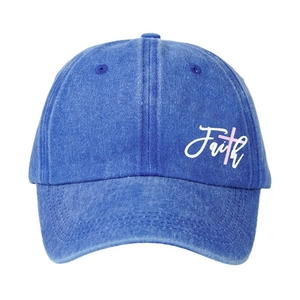 Unisex washed blue denim baseball cap with white Faith print and pink cross detail
