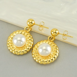 Minimalist stainless steel sunflower pearl earrings in golden finish with rope texture