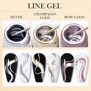 Metallic line gel in silver and gold colors shown on nail tips with creative patterns