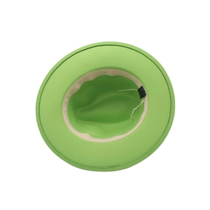 Detail view of neon green fedora hat interior with adjustable drawstring and sweatband