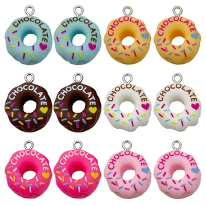Set of 12 colorful resin donut charms with chocolate text for DIY jewelry making