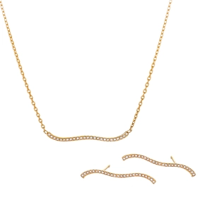 Minimalist 18k gold plated stainless steel necklace and earrings set with wavy zircon pavé