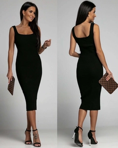 Detailed view showing the ribbed knit texture of a black sleeveless bodycon dress