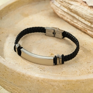 Braided leather bracelet with curved silver metal ID plate for men and women