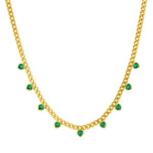 Gold-plated stainless steel chain necklace featuring nine green heart-shaped crystals