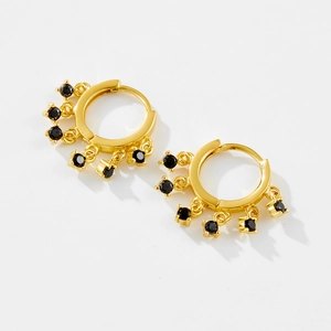 S925 sterling silver hoop earrings with five dangling black zircon stones on gold base