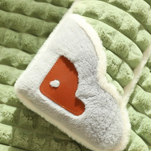 Washable plush dog bed mat with thick warm green striped fleece and leather detail