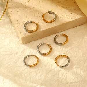 Bi-Color Hoop Earrings For Women Stainless Steel 18K Gold Plated Twisted Textured Smooth Geometric Round Circle Jewelry