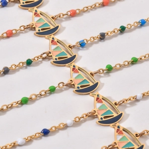 Colorful sailboat pendant bracelet with multicolored beads and gold stainless steel chain