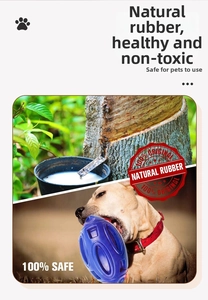 Detail showing natural rubber extraction and a dog playing with the blue rugby toy