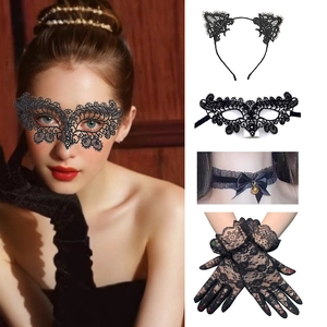 Lace cat ear headband and mask set with choker and gloves for Halloween party costumes