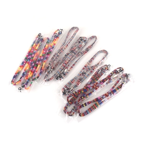Detail of colorful woven bohemian eyewear retainers with adjustable loops