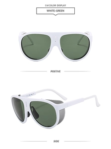 Front and side views of chunky white frame sunglasses with dark green lenses
