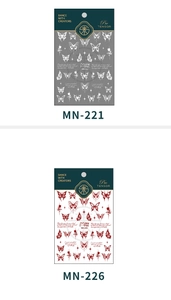 Détail de stickers à ongles 5D avec motifs de roses et de papillons, modèles MN-221 et MN-226