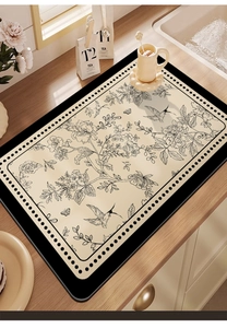 Detailed top view of a French style beige absorbent kitchen mat with floral bird pattern