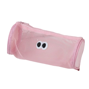 Pink mesh cylindrical pencil case with cute googly eyes and large storage capacity