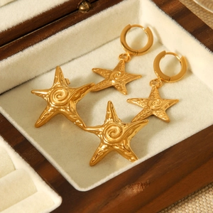 Luxury gold starfish stainless steel stud and hoop earrings set for beach vacation