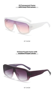 Detail view of oversized one-piece sunglasses in clear pink and deep purple frames