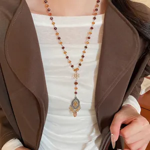 Retro Bohemian Long Beaded Necklace With Glass Crystal Amber Water Drop Hollow Alloy Pendant Chinese Knot Ethnic Style Women