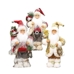 30 cm staande Kerstman figuur kerstdecoratie set met mooie cadeautzakjes en kleine lantaarns