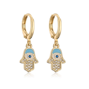 Detail of 18K gold-plated Hamsa Hand earrings with blue enamel and sparkling zircon