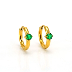 Detail of 18K gold-plated stainless steel hoop earrings with green zircon stones