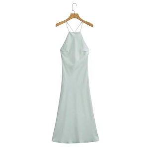 Elegant mint green satin halter neck maxi dress with silky finish on a wooden hanger