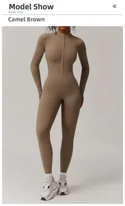 Detail of camel brown thermal yoga bodysuit featuring front half-zipper and slim fit