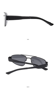 Detailed side and back view of retro black metal double bridge pilot sunglasses