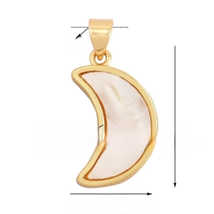 Macro shot of 14mm crescent moon charm with gold plating and white mother of pearl inlay