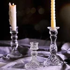 Vintage Glass Candlestick Holder Nordic Retro Relief Crystal Candle Stand For Wedding Dinner Party Home Table Decor
