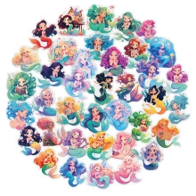 Detailed view of 50 waterproof Chibi mermaid stickers with cute poses and colors