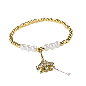 Copper airplane charm stretch bracelet with micro-pave diamonds and elegant white pearls