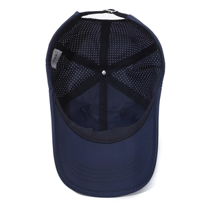 Navy blue breathable mesh baseball cap with adjustable metal buckle and six-panel structure