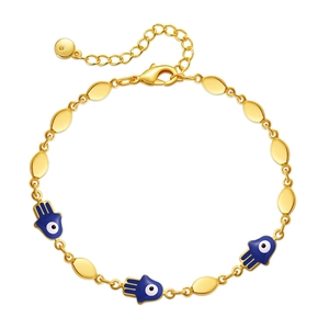 Gold-plated link bracelet with blue Hamsa hand evil eye charms on white background