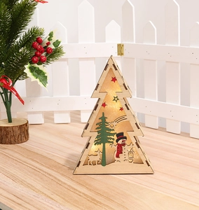 Detail of wooden Christmas ornament with LED warm light featuring reindeer and snowman