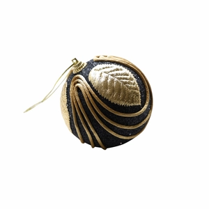 Elegant black velvet Christmas ball with gold leaf embroidery and golden hanging cord